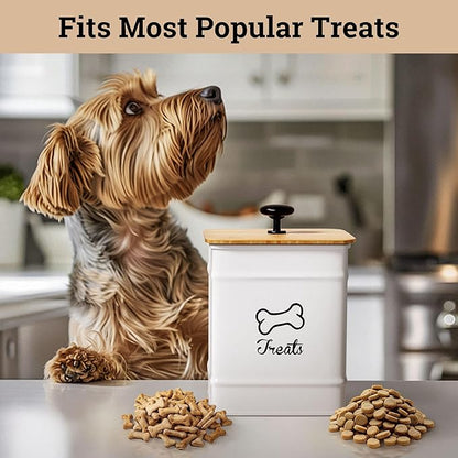 Dog Treat Container Airtight - 5 Inch Wide x 7 Inch Tall Iron Dog Treat Jar for Kitchen Counter with Airtight Bamboo Lid - 7 Cup Capacity Pet Treat Container - Doggie Cookie Jar - Big Treats Canister