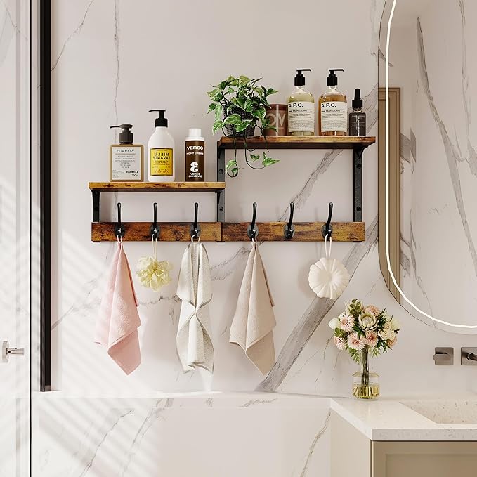 Homeiju 28.7" Coat Rack Wall Mount with Shelf, Key Hooks for Wall with Shelf, Coat Hooks Wall Mounted with 6 Heavy Duty Double Hooks for Bedroom,Living Room, Rustic Brown