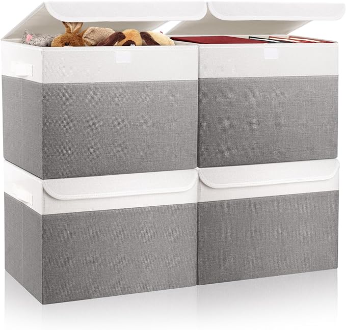 Large 22 Quart Linen Fabric Foldable Storage Bin Cube Organizer Basket with Flip-Top Lid & Handles, Clothes Blanket Box for Home, Office, Closet, Gray & White, 4 Pack 14.6 x 9.5 x 9.5”