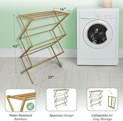 BROOKSTONE, Eco-Friendly Bamboo Drying Rack, Collapsible Laundry Clothes Hanger, 10 Hanging Bars, Minimalist Space Saving Design