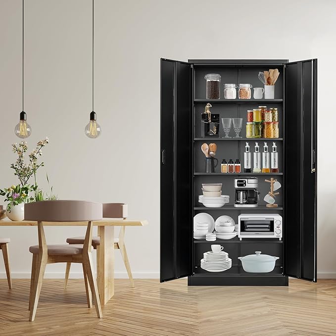 Metal Storage Cabinet, 71”H Metal Garage Cabinet with 5 Adjustable Shelves, Locking Storage Cabinets for Garage, Home, Office, Pantry(Black)