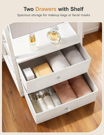 Nicetree Jewelry Cabinet Armoire with 2 Drawers, Lockable Standing Mirror Jewelry Cabinet, Full Length Mirror with Jewelry Storage, Christmas Gifts, White