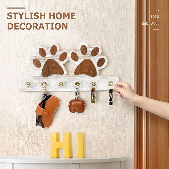 MTERSN Farmhouse Key Holder for Wall - Decorative Dog Leash Hanger and Coat Rack Wall Mount with 6 Unique 3D Claw Hooks - Dog Toys Organizer for Rustic Home Decor (White)