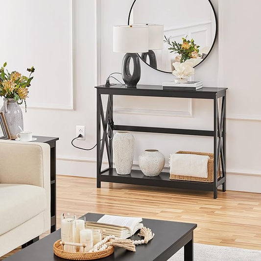 Yaheetech Console Table with Outlets and USB Ports, Entryway Table with Storage Shelves, Sofa Table Narrow Long with X Design for Living Room, Hallway, Foyer, Black