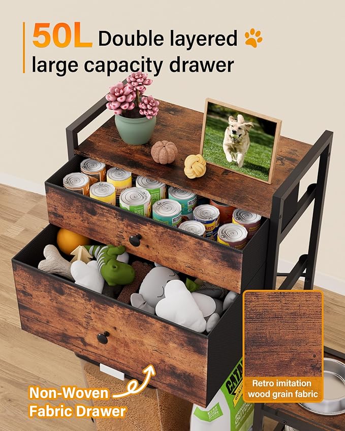 Elevated Dog Bowls,8 Heights Adjustable Dog Storage Organizer Shelves with Toy Double Drawer, Pet Food Station Cabinet for Medium Large Dogs,Elevated Dogs Bowls with Storages, Rustic Wood Brown