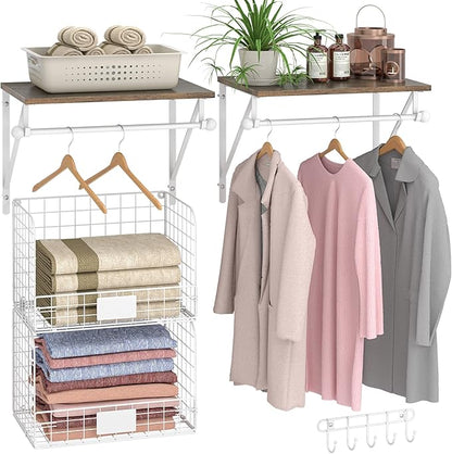 2 Set Laundry Room Wall Mounted Shelves With Wire Storage Baskets, Over Washer and Dryer With Hanging Rods and Hooks, for Organization and Storage, White, Wooden