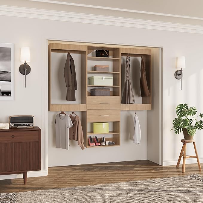 ROOMTEC Modular Closet System, 72" Wall Mounted Closet Organizer with Hanging Rods and Drawers, Wooden Tower for Walk-In Closets, Wardrobe Storage Kit, Wood