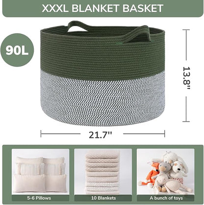 INDRESSME INDRSSME Large Laundry Storage Basket, 21.7 x13. 8 - Decorative Rope Blanket Basket for Organizing Bedroom, Living Room, Nursery, Toy Storage for Colthes Towel, Empty Gift Baskets -Green