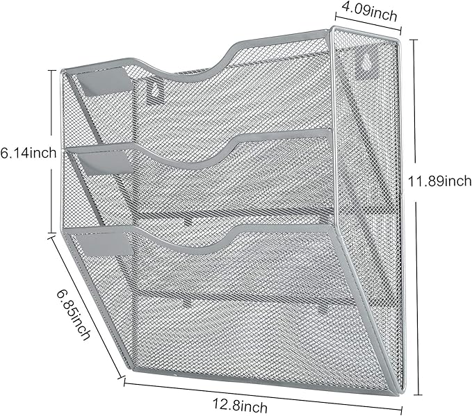 PAG Hanging Wall File Holder Mail Organizer Wall Mount Document Letter Rack, 3-Tier, Silver