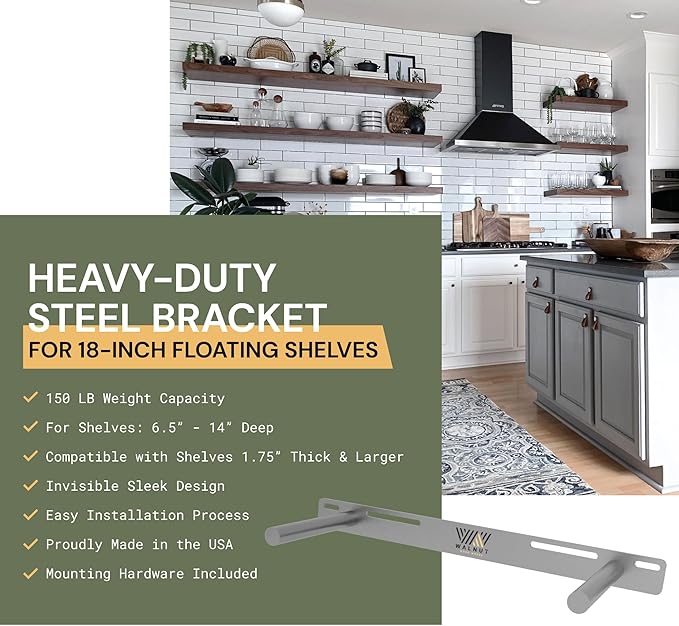 Floating Shelf Bracket 2 Pack - 18” Hidden Shelf Brackets, 150 LB Weight Capacity Supports Wall Mounted Floating Shelves of Any Length, 3/4 Inch Industrial Solid Steel Support Rods Walnut Wood Works
