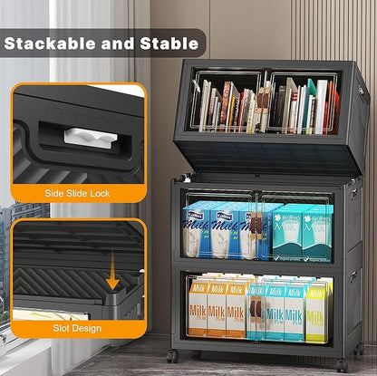 Extra Large Stackable Storage Bins with Lids & Wheels & Door,Foldable Collapsible Closet Organizers, Plastic containers drawers for bedroom Dorm (Dark-55qt, 3Pack with 1 top lid)