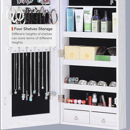 GISSAR Full Length Mirror Jewelry Cabinet, 6 LEDs Jewelry Armoire Wall Mounted Over The Door Hanging, Jewelry Organizer Storage with Lights Lockable White