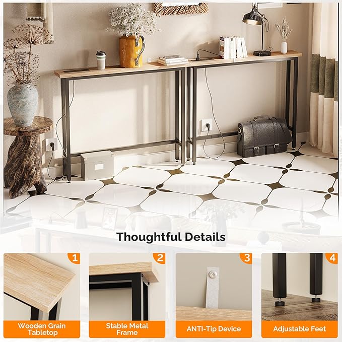 VINGLI 79" Console Table with Charging Station, 5.9" Narrow Sofa Table Set of 2, Entryway Table with Power Outlet & 4.9 Ft Extension Cord & Adjustable Feet, for Living Room, Hallway, Oak