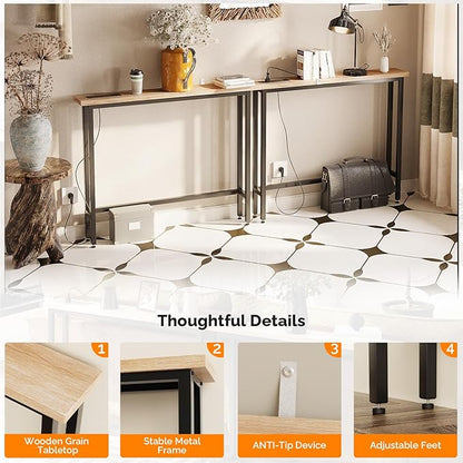 VINGLI 79" Console Table with Charging Station, 5.9" Narrow Sofa Table Set of 2, Entryway Table with Power Outlet & 4.9 Ft Extension Cord & Adjustable Feet, for Living Room, Hallway, Oak