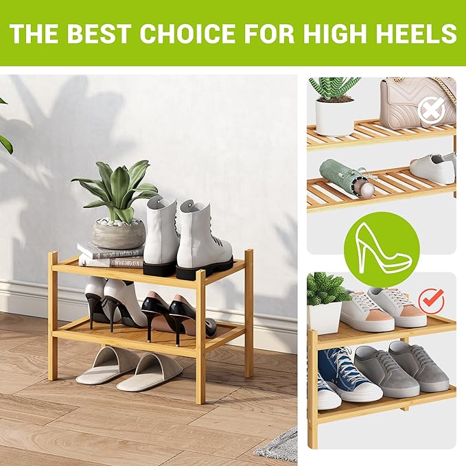 BMOSU 2-Tier Bamboo Small Shoe Rack Premium Stackable Shoe Shelf Storage Organizer for Hallway Closet Living Room Entryway Organizer(Natural)