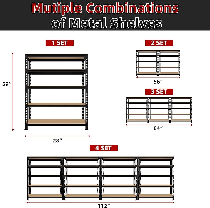 5-Shelf Heavy Duty Shelving - Adjustable Garage Storage Shelves, Metal Utility Storage Racks for Warehouse Pantry Basement Kitchen, Garage Organizers Shef Unit, Black, Packs of 4