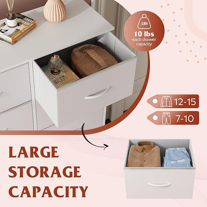 WLIVE Fabric Dresser for Bedroom with 10 Drawers, Tall Chest of Drawers, White Dressers Bedroom Furniture, Dresser for Closet, Hallway, Living Room, Entryway