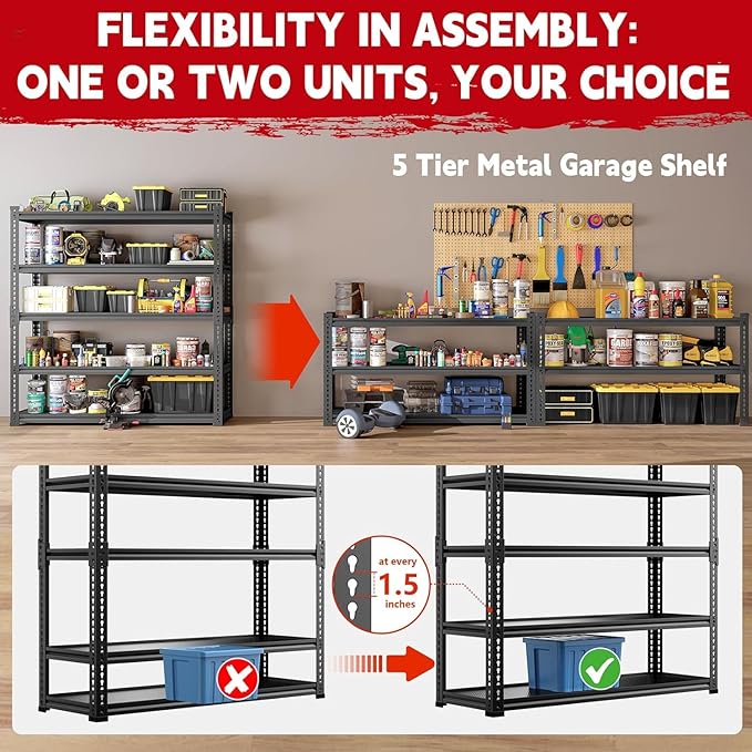 Garage Shelving Heavy Duty 3000LBS - 5-Tier Boltless Shelving Units for Garage, No Sag Garage Storage Rack for Garage Basement/Warehouse (72" H×45.2" W×18.9" D)
