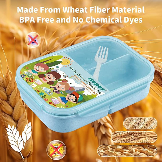 Wheat Straw Lunch Box, Leakproof 3-Compartment Bento Box for Kids & Adults, BPA-Free Lunch Containers, Microwave & Dishwasher Safe, 5.5 Cup (Blue)