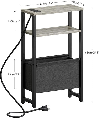 Narrow Side Table with Charging Station Slim End Table Sofa with Magazine Rack, Bedside Table for Small Spaces, 3 Tier Nightstand for Living Room Couch, Bedroom Oak Grey LET503QE