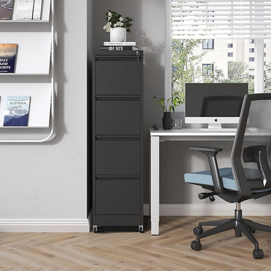 4 Drawer Mobile File Cabinet, Metal Filing Cabinet with Lock and Wheels, Home Office Rolling File Cabinets for Legal/Letter Hanging File Folders, Un-Assembled (Black)