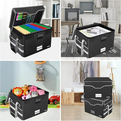 DocSafe Fireproof Document Box with Lock,File Storage Organizer with Pockets,Collapsible Portable File Box Home Office Safe Filing Cabinet with Handle for Hanging Letter/Legal Folders,Black,2 Pack