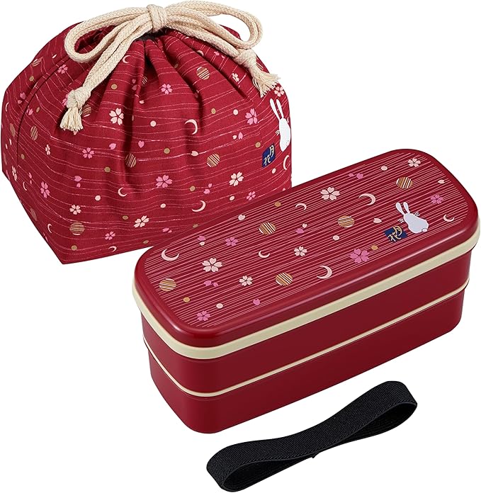 OSK Japanese Traditional Rabbit Moon Bento Box Set, PW-28C Renewal Version, Microwave-safe, Dishwasher-safe, Chopsticks, Bento Bag, Red