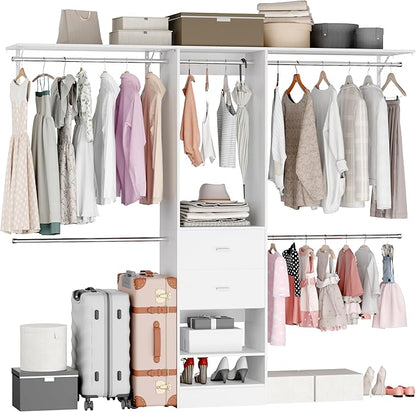 Closet System, Closet Organizer System With 2 Wood Drawers, Walk-In Closet Storage System With 5 Hanging Rods, Adjustable Cloth Garment Rack, Fits Spaces 4 to -9FT, White