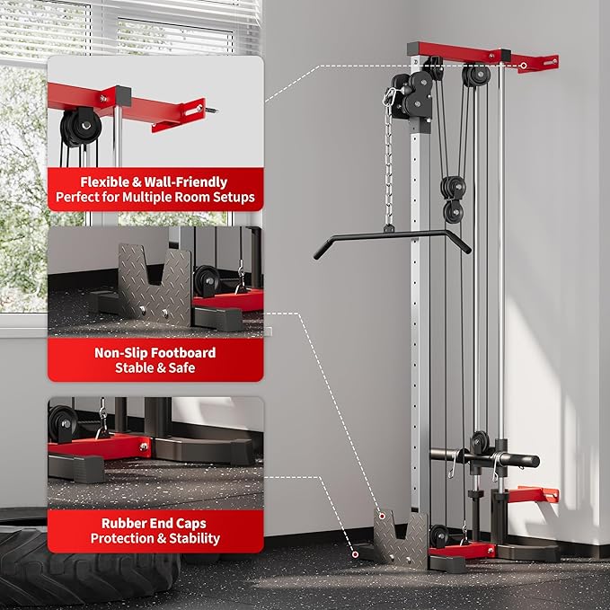 Wall Mount Cable Station – Dual Pulley Cable Crossover Machine with 18 Adjustable Positions, Tricep Rope, T-Bar, LAT Pulldown Bar & Foot Board for Home Gym Strength Training