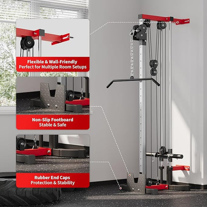Wall Mount Cable Station – Dual Pulley Cable Crossover Machine with 18 Adjustable Positions, Tricep Rope, T-Bar, LAT Pulldown Bar & Foot Board for Home Gym Strength Training