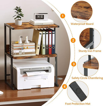Homeiju Printer Stand for Desk with Storage, 3-Tier Shelves Organizer with Wood Top, Heavy Duty Metal Frame for Home Office, Holds Printer, Books, Supplies, Rustic Brown