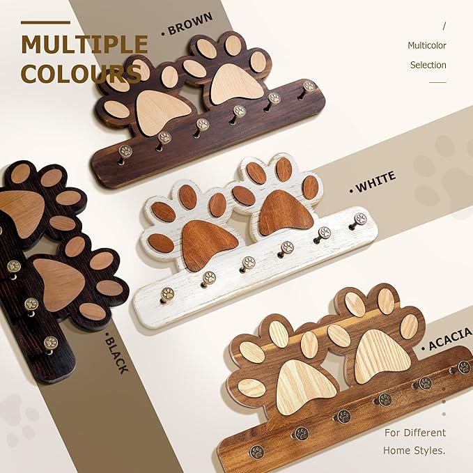 MTERSN Cute Dog Leash Holder for Wall - Dog Stuff Organizer & Key Holder Wall Mount with Floating Shelf and 6 Hooks for Room Decor - Retro Style Gift for Apartment Essentials (Acacia Wood)