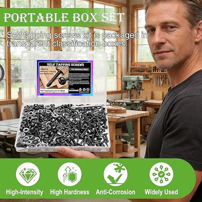 mxuteuk 420PCS #8×3/4" Self Tapping Screws,410 Stainless Steel Self Drilling Screws,Phillips Modified Truss Head Self Tapping Screw for Metal,Plastic,Wood(210pcs Black Screw+210pcs Washer)