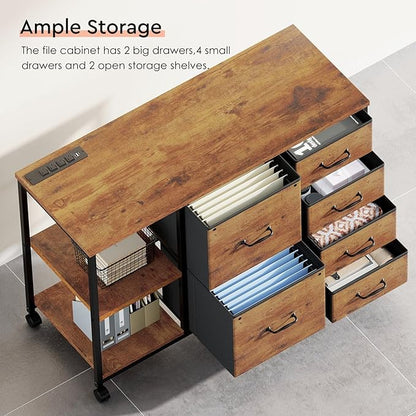 6 Drawer File Cabinet with Charging Station Rolling Printer Stand with Open Storage Shelf Fabric Lateral Filing Cabinet for Home Office,Rustic Brown2