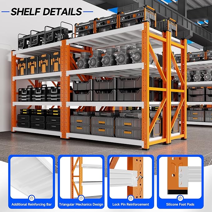 59" W Garage Storage Shelves,3000LBS Garage Shelving Heavy Duty Adjustable Shelving Unit,4 Tier Metal Utitly Shelves Industrial Shelving for Warehouses,Basement,Orange-White