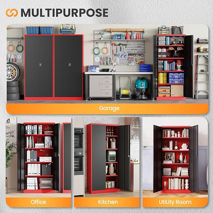 Metal Garage Storage Cabinets with Lock, 72" Tall Tool Cabinet with 2 Door and 4 Adjustable Shelves, Locking Garage Cabinets and Lockable Steel Locker for Home Office Warehouse-(Red Black-72”H)