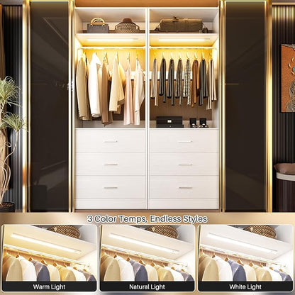 8FT Closet System with 4 Motion Sensor LED Lights, 96" Closet Systems with 12 Drawers, Closet Organizer System with 4 Hanging Rods & 4 Shelves, Heavy Duty 96 Inch Walk-in Closet, White