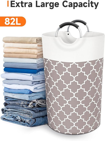 Large Laundry Basket Laundry Hamper Bag Washing Bin Clothes Bag Collapsible Tall with Handles Waterproof Travel Bathroom College Essentials Storage for College Dorm, Family (Khaki) 82L