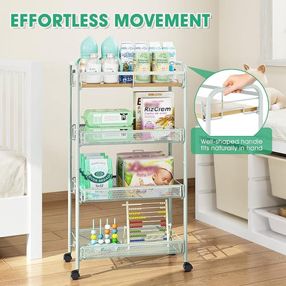TOOLF 4-Tier Rolling Cart, Metal Utility Cart, Slide Out Storage Cart with Wooden Tabletop and Mesh Baskets for Narrow Space on Kitchen Bathroom Laundry Room Bedroom Apartments Dormitory (Green, Wide)
