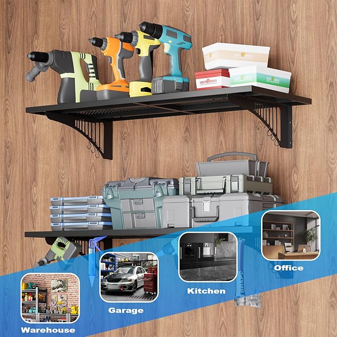 YOLENY 2-Pack 1.64x4FT Adjustable Garage Wall Shelving, 500lbs Load Capacity Heavy Duty Wall Mount Storage Shelf, Metal Floating Shelves Organizer for Workshop, Garage Storage Rack with Hooks