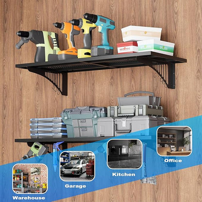 YOLENY 2-Pack 1.64x4FT Adjustable Garage Wall Shelving, 500lbs Load Capacity Heavy Duty Wall Mount Storage Shelf, Metal Floating Shelves Organizer for Workshop, Garage Storage Rack with Hooks