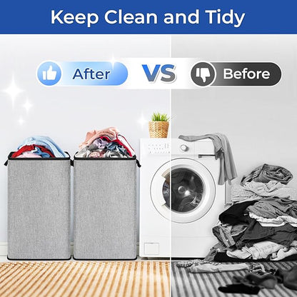 SNIGJAT 2 Pack Large Laundry Hamper, Tall Collapsible Laundry Basket with Sturdy Handles, Clothes Basket for Towels, Toys, Space-Saving Storage Dirty Clothes Hamper for Bedroom, Laundryroom, Dorm, RV