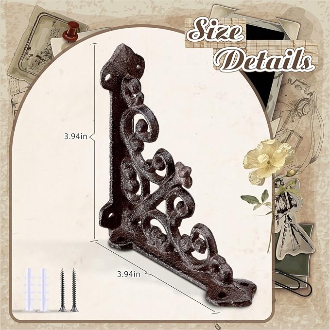 Blulu 4 Pack Antique Style Cast Iron Shelf Brackets Decorative Brackets 3 7/8" x 3 7/8" Wall Mount Shelving Bracket Heavy Duty Victorian Style Shelf(Iron Gray)