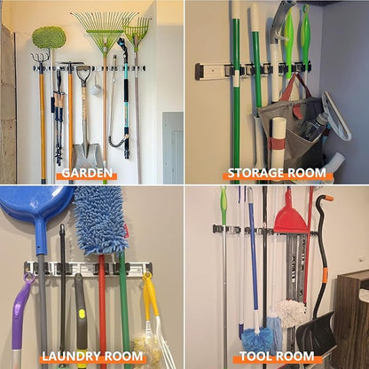 reliahom Broom Holder Wall Mount, 2 Pack 5 Racks with 4 Hooks Black - Mop Storage Tool Racks, Broom Hanger Tool Organizer for Garage, Kitchen, Garden, Laundry Room