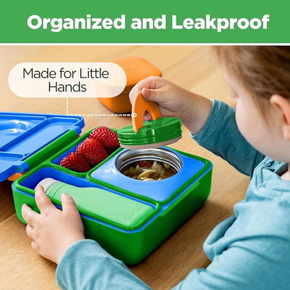 OmieBox Bento Box for Kids - Insulated Bento Lunch Box with Leak Proof Vacuum Insulated Food Jar - 3 Compartments, Two Temperature Zones (Monster Blue)