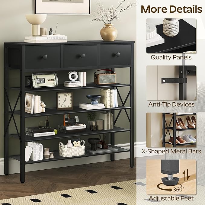 5-Tier Shoe Rack with 3 Drawers, Metal Shoe Organizer for 20 Pairs with Storage Shelves and Wooden Top, for Entryway, Hallway, Foyer, Closet, Black SS35BB