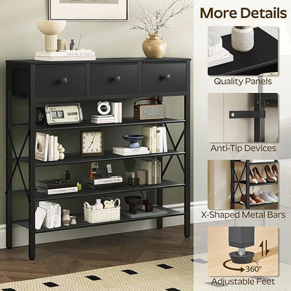 5-Tier Shoe Rack with 3 Drawers, Metal Shoe Organizer for 20 Pairs with Storage Shelves and Wooden Top, for Entryway, Hallway, Foyer, Closet, Black SS35BB