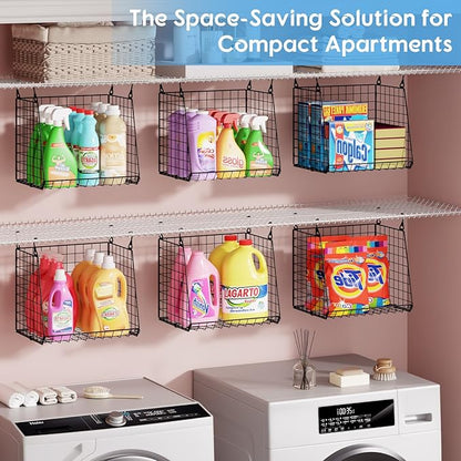 3-Pack Extra-Tall 13.6'' Hanging Laundry Basket Organizer, Foldable Wire Shelf with 360° Rotating Hooks & Reinforced Height - Durable Space-Saving Laundry Room & Closet Organizer, Black Patent