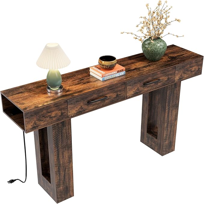 63" Industrial Console Table with Outlets and 2 Drawers, Rustic Long Sofa Table for Living Room, Bedroom, Hallway, Entryway Storage and Display