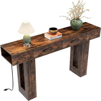 63" Industrial Console Table with Outlets and 2 Drawers, Rustic Long Sofa Table for Living Room, Bedroom, Hallway, Entryway Storage and Display